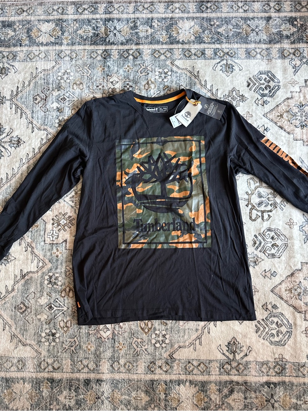 Timberland Black Long-Sleeve Tee with Green & Orange Camo Logo